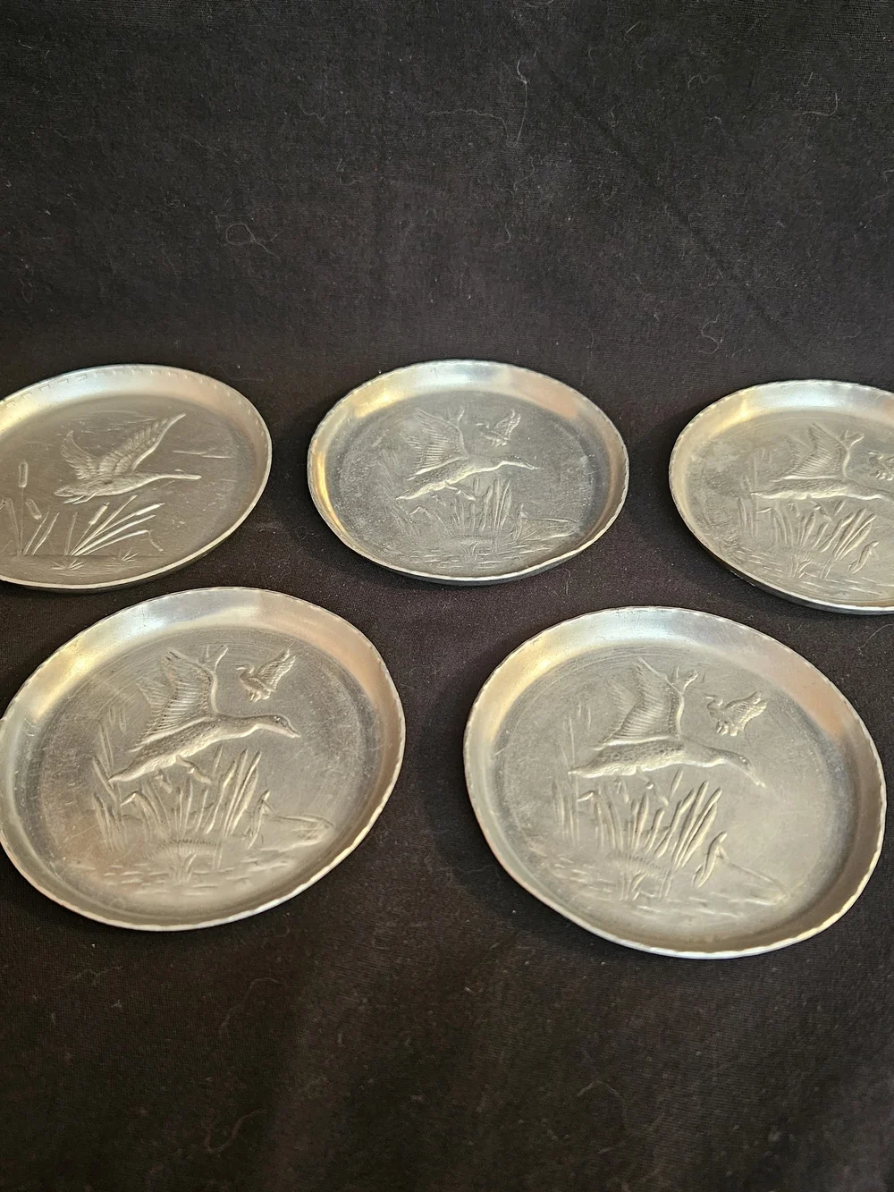 Vintage Aluminum Coasters Ducks Set of 5 - Mid Century Metal Retro Barware